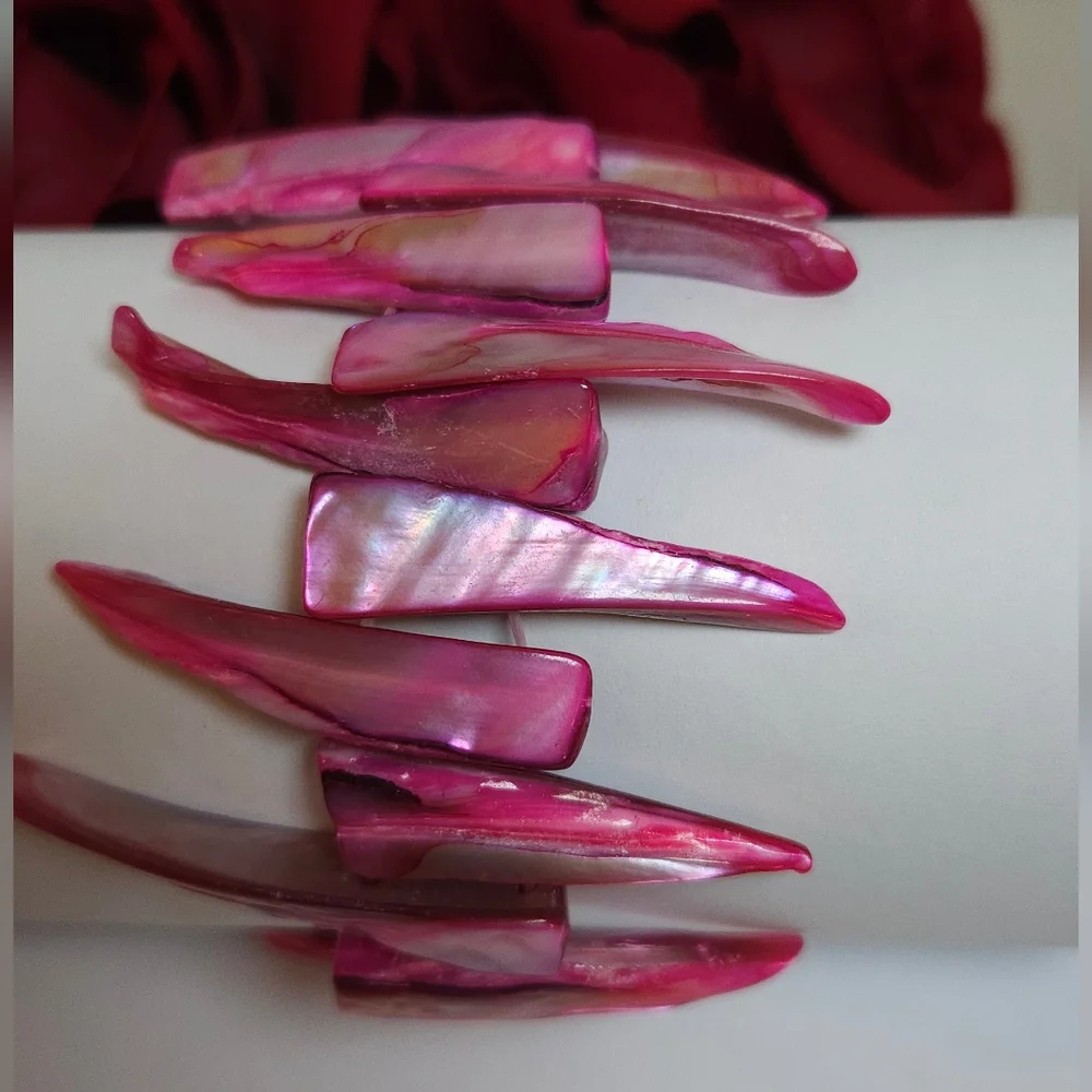 Pink Mother of Pearl Spikey Shell Stretch Bracelet HOT Pink Statement Bracelet